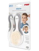 REER Set perie si pieptene ingrijire bebelusi cu par natural de capra alb cu gri BabyCare Hair 81070