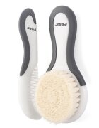 REER Set perie si pieptene ingrijire bebelusi cu par natural de capra alb cu gri BabyCare Hair 81070
