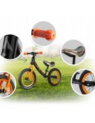 Ricokids Bicicleta copii fara pedale 760101 negru - portocaliu 12 inch scaun moale din spuma si reglabil pe inaltime roti gonflabile manere cauciucate cu opritoare