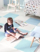 Ricokids Salteluta de joaca 4 piese puzzle pentru copii AlbAlbastru 120x120 din spuma groasa EVA inodoraizolator termic rezistenta la apausor de curatatantiderapanta