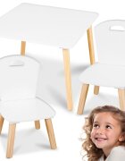 Ricokids Set masuta si 2 scaunele cu spatar din lemn pentru copii Albgreutate suportata 80kgMargini rotunjitepotrivit pentru activitatiteme acasagradinitaafter school