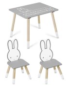 Ricokids Set masuta si 2 scaunele cu spatar pentru copii din lemn si MDF BunnyCalitate premiumAsamblare usoara Masuta cu alfabetdimensiune masuta 60x60x47cmutilizare pentru temeactivitati la gradinitaafter schoolacasa