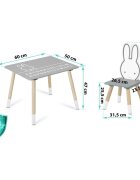 Ricokids Set masuta si 2 scaunele cu spatar pentru copii din lemn si MDF BunnyCalitate premiumAsamblare usoara Masuta cu alfabetdimensiune masuta 60x60x47cmutilizare pentru temeactivitati la gradinitaafter schoolacasa