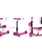 Ricokids Trotineta 3 in 1 pentru copii Buggy Roz cu scaunel reglabilinaltime ghidon reglabilaroti cu lumini LEDplatforma antiderapantacadru din aluminiumanere ergonomice si cosulet pentru accesorii