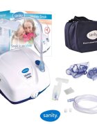 Sanity Aparat aerosoli cu compresor Inhaler Simple compact cu dimensiuni reduse geanta de transport alb