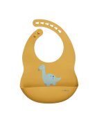 Saro Baby Baveta ajustabila din silicon cu buzunar Party Dinos mustard