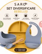 Saro Baby Set diversificare bebelusi Saro Mustar-Albastru farfurie din silicon bol cu ventuza baveta lingurita ergonomica si cana pentru antrenament