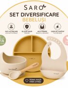 Saro Baby Set diversificare bebelusi Saro Mustar-Bej farfurie din silicon bol cu ventuza baveta lingurita ergonomica si cana pentru antrenament
