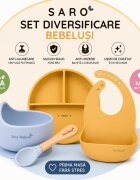Saro Baby Set diversificare bebelusi Saro Mustar-Bleu farfurie din silicon bol cu ventuza baveta lingurita ergonomica