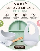 Saro Baby Set diversificare bebelusi Saro Verde-Alb farfurie din silicon bol cu ventuza baveta lingurita ergonomica