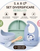 Saro Baby Set diversificare bebelusi Saro Verde-Albastru farfurie din silicon bol cu ventuza baveta lingurita ergonomica si cana pentru antrenament