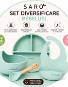 Saro Baby Set diversificare bebelusi Saro Verde farfurie din silicon bol cu ventuza baveta lingurita ergonomica si cana pentru antrenament