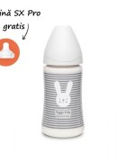 Suavinex Biberon cu tetina rotunda din silicon cu 3 fluxuri iepuras cu linii gri Hygge 270 ml