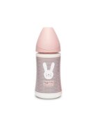 Suavinex Biberon cu tetina rotunda din silicon cu 3 fluxuri iepuras cu linii roz Hygge 270 ml