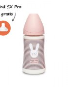 Suavinex Biberon cu tetina rotunda din silicon cu 3 fluxuri iepuras cu linii roz Hygge 270 ml