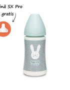Suavinex Biberon cu tetina rotunda din silicon cu 3 fluxuri iepuras cu linii verzi Hygge 270 ml