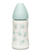 Suavinex Biberon cu tetina rotunda din silicon cu 3 fluxuri iepuras verde Hygge 270 ml