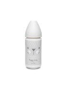 Suavinex Biberon din sticla cu tetina rotunda din silicon cu 3 fluxuri pisica gri Hygge 240 ml