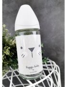 Suavinex Biberon din sticla cu tetina rotunda din silicon cu 3 fluxuri pisica gri Hygge 240 ml