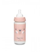 Suavinex Biberon din sticla cu tetina rotunda din silicon cu 3 fluxuri pisica gri Hygge 240 ml
