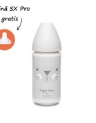 Suavinex Biberon din sticla cu tetina rotunda din silicon cu 3 fluxuri pisica gri Hygge 240 ml