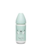 Suavinex Biberon din sticla cu tetina rotunda din silicon cu 3 fluxuri pisica verde Hygge 240 ml