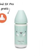 Suavinex Biberon din sticla cu tetina rotunda din silicon cu 3 fluxuri pisica verde Hygge 240 ml