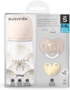 Suavinex Set biberon 270 ml cu tetina SX Pro cu debit mediu + suzeta SX Pro + clema pentru suzeta Spread Joy bej