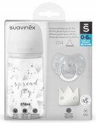 Suavinex Set cadou biberon 270 ml + suzeta 0-6m si clema Spread Joy Silver Premium