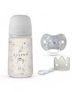 Suavinex Set cadou biberon 270 ml + suzeta 0-6m si clema Spread Joy Silver Premium