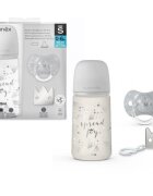 Suavinex Set cadou biberon 270 ml + suzeta 0-6m si clema Spread Joy Silver Premium