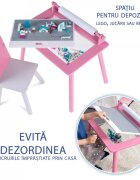 Suporto Birou cu scaunel pentru copii roz cu tabla compatibila cu piese Lego din MDF blat reversibil