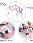Suporto Birou cu scaunel pentru copii roz cu tabla compatibila cu piese Lego din MDF blat reversibil