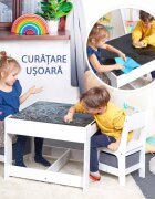 Suporto Masa cu scaune pentru copii si tabla compatibila cu piese Lego din MDF alb-gri 3-6 ani