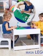 Suporto Masa cu scaune pentru copii si tabla compatibila cu piese Lego din MDF alb-gri 3-6 ani