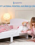 Suporto Pat copii cu protectie laterala si raft depozitare carti si jucarii model Curcubeu 3-8 ani din lemn MDF alb