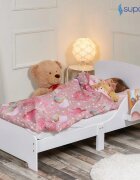 Suporto Pat copii cu protectie laterala si raft depozitare carti si jucarii model Curcubeu 3-8 ani din lemn MDF alb