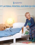 Suporto Pat copii cu protectie laterala si raft depozitare carti si jucarii model Dinozaur 3-8 ani din lemn MDF alb