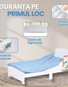 Suporto Pat copii cu protectie laterala si raft depozitare carti si jucarii model Dinozaur 3-8 ani din lemn MDF alb