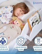Suporto Pat copii cu protectie laterala si raft depozitare carti si jucarii model Norisor 3-8 ani din lemn MDF alb