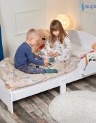 Suporto Pat copii cu protectie laterala si raft depozitare carti si jucarii model Norisor 3-8 ani din lemn MDF alb