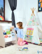 Suporto Raft de carti pentru copii Crem din lemn MDF organizator cu etajere din textil pentru depozitare jucarii carti si caiete 71.5 x 62 x 30 cm
