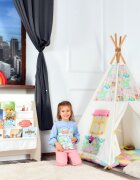 Suporto Raft de carti pentru copii Crem din lemn MDF organizator cu etajere din textil pentru depozitare jucarii carti si caiete 71.5 x 62 x 30 cm