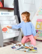 Suporto Raft de carti pentru copii Gri din lemn MDF organizator cu etajere din textil pentru depozitare jucarii carti si caiete 71.5 x 62 x 30 cm