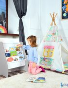 Suporto Raft de carti pentru copii Gri din lemn MDF organizator cu etajere din textil pentru depozitare jucarii carti si caiete 71.5 x 62 x 30 cm
