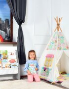 Suporto Raft de carti pentru copii Gri din lemn MDF organizator cu etajere din textil pentru depozitare jucarii carti si caiete 71.5 x 62 x 30 cm