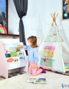 Suporto Raft de carti pentru copii Roz din lemn MDF organizator cu etajere din textil pentru depozitare jucarii carti si caiete 71.5 x 62 x 30 cm
