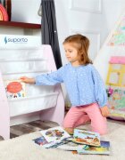 Suporto Raft de carti pentru copii Roz din lemn MDF organizator cu etajere din textil pentru depozitare jucarii carti si caiete 71.5 x 62 x 30 cm