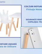 Suporto Set masa si 2 scaune pentru copii Print si Printesa Alb din lemn MDF scaun in forma de coronita varsta 3-6 ani cu margini rotunjite