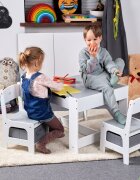 Suporto Set masuta cu 2 scaune pentru copii Alb Gri 3-6 ani cu rafturi pentru carti sertare depozitare organizator jucarii tabla de scris desenat studiat din MDF